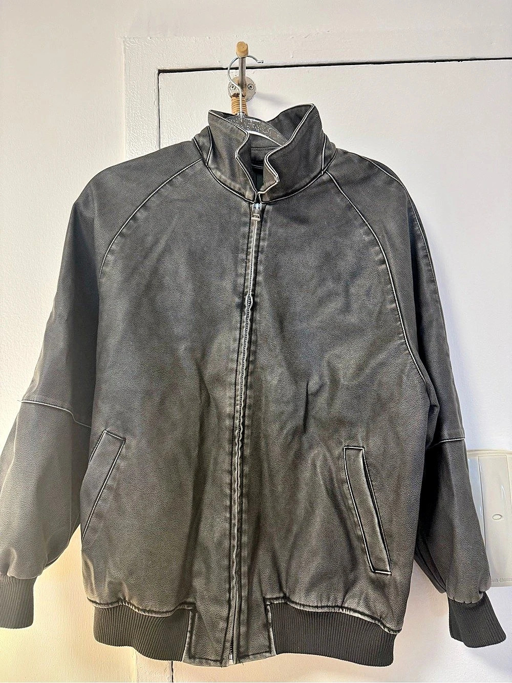 Wild Fable Distressed Faux Leather Bomber Jacket Black Medium